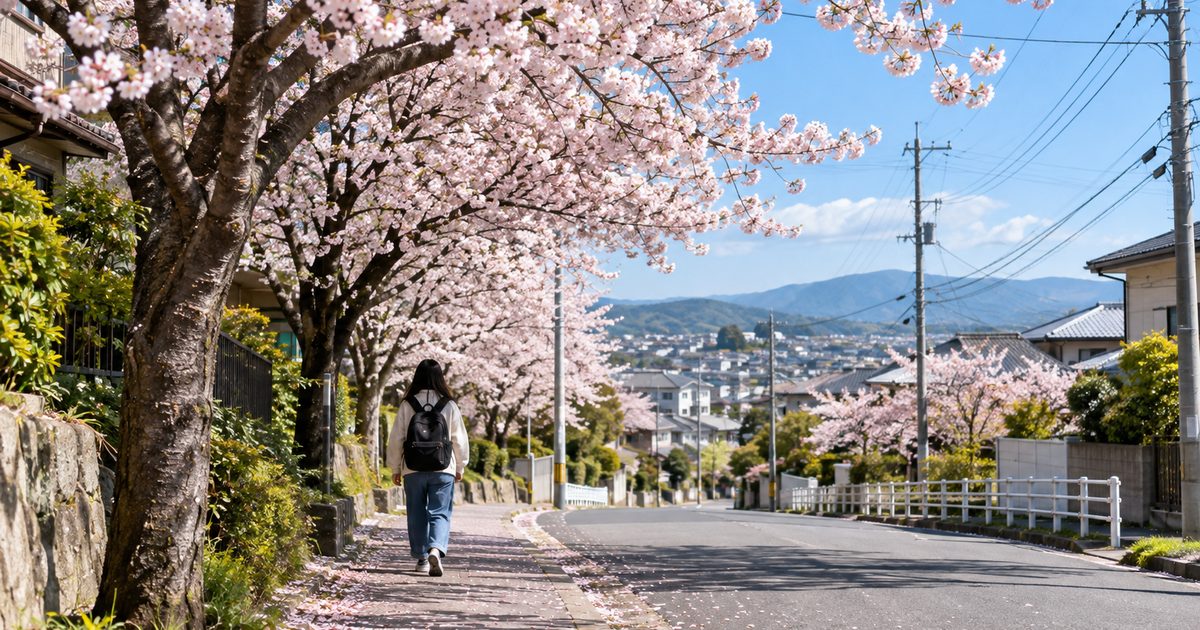 桜並木の歩道を歩く高校生の後ろ姿